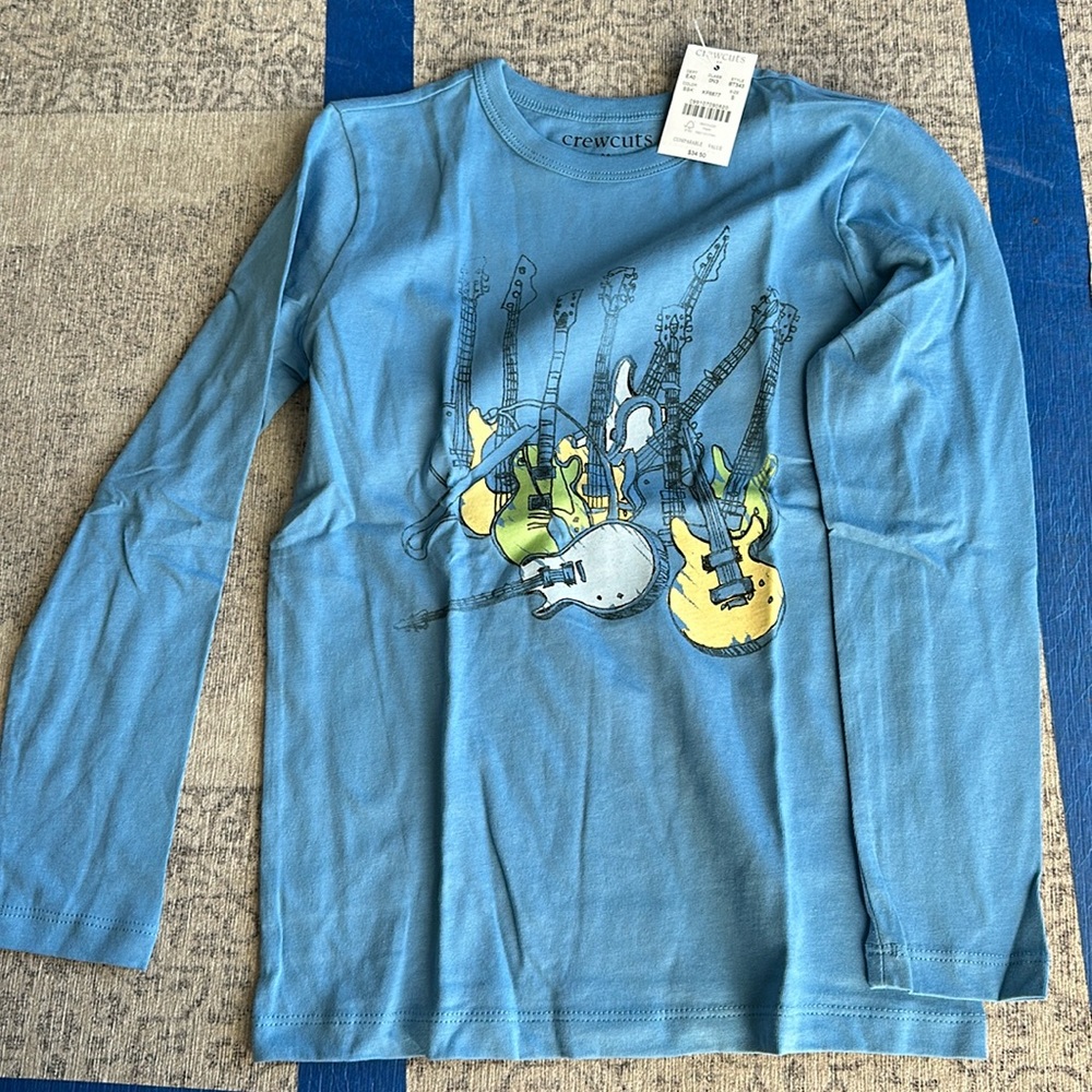 New with tags, crewcuts boys blue guitar graphic long sleeve t-shirt size S.